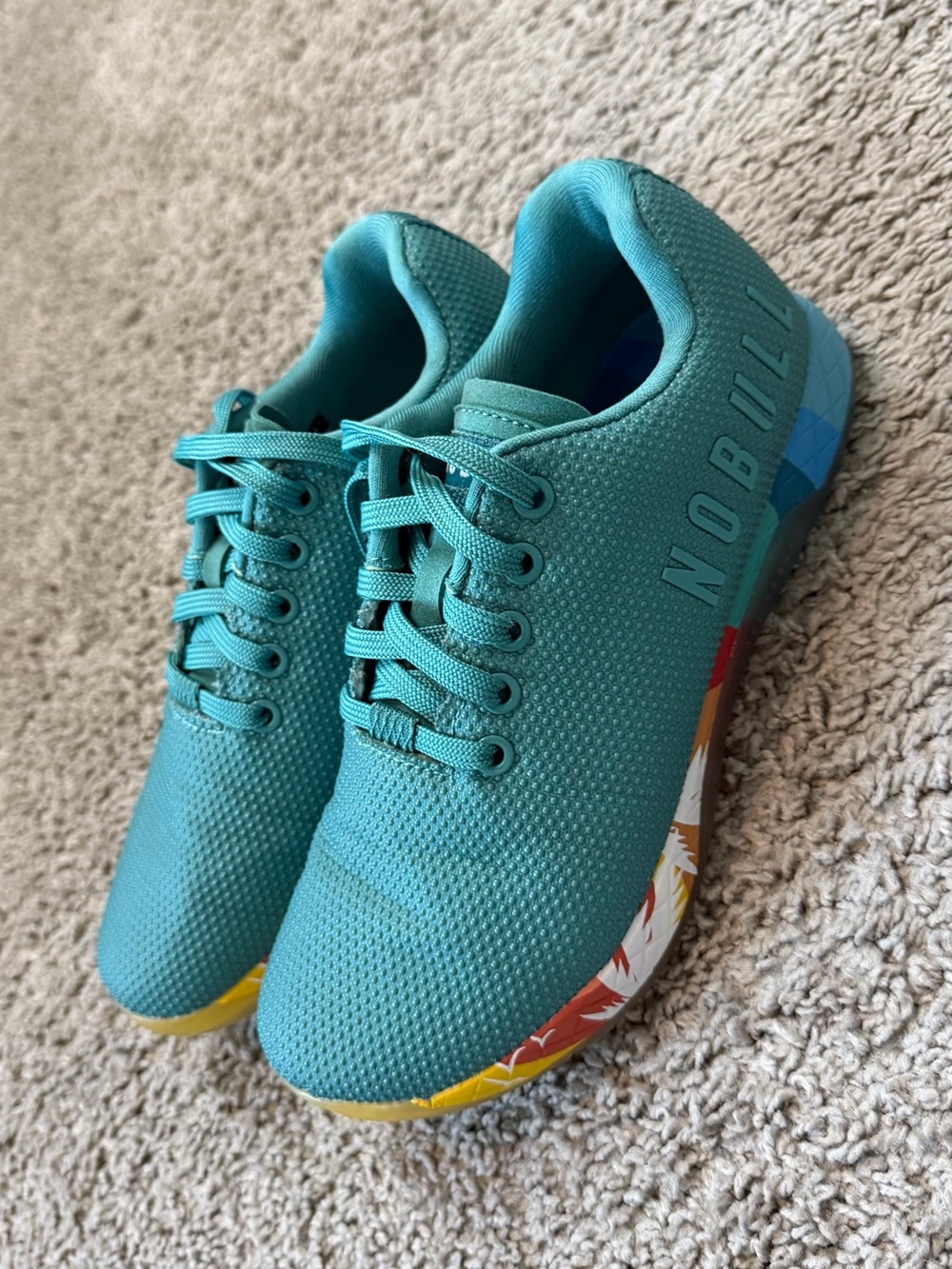 NOBULL Teal Knit Training Sneakers with Multicolor Patterned Sole